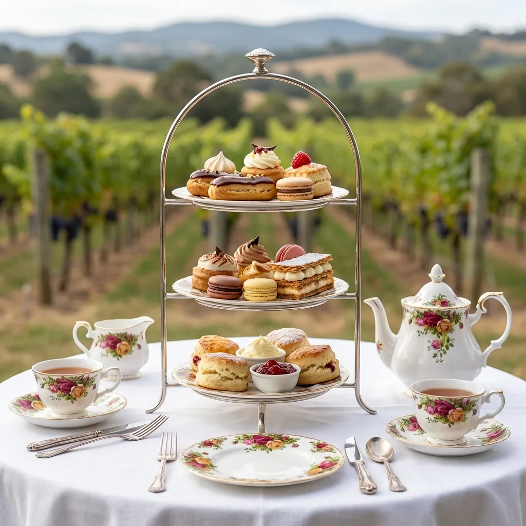 Signature High Tea service with elegant plating and vineyard views